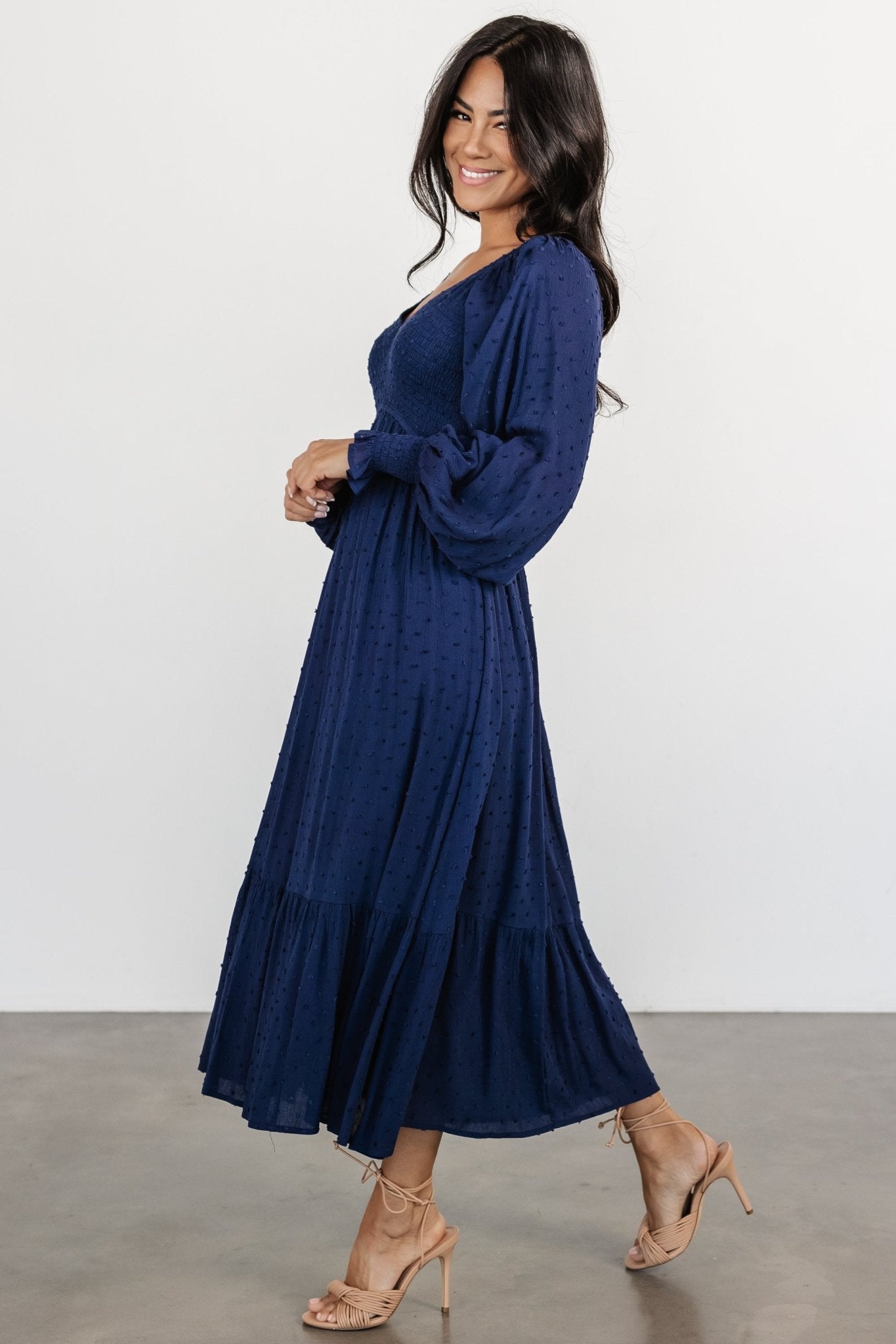 Lainey Smocked Dotted Midi Dress | Midnight Blue