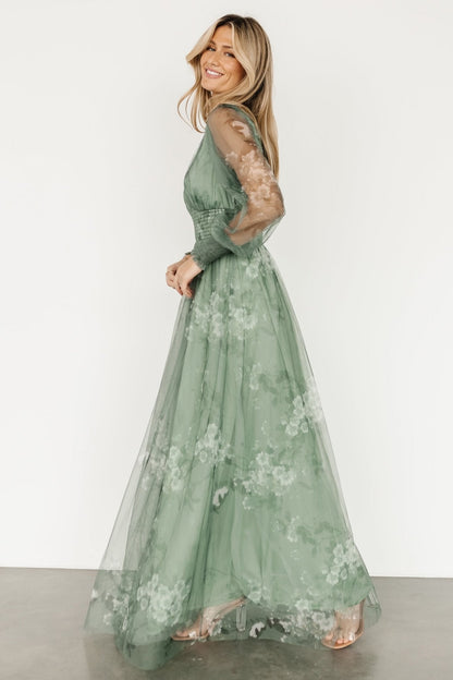 Layla Tulle Maxi Dress | Dusty Green Floral