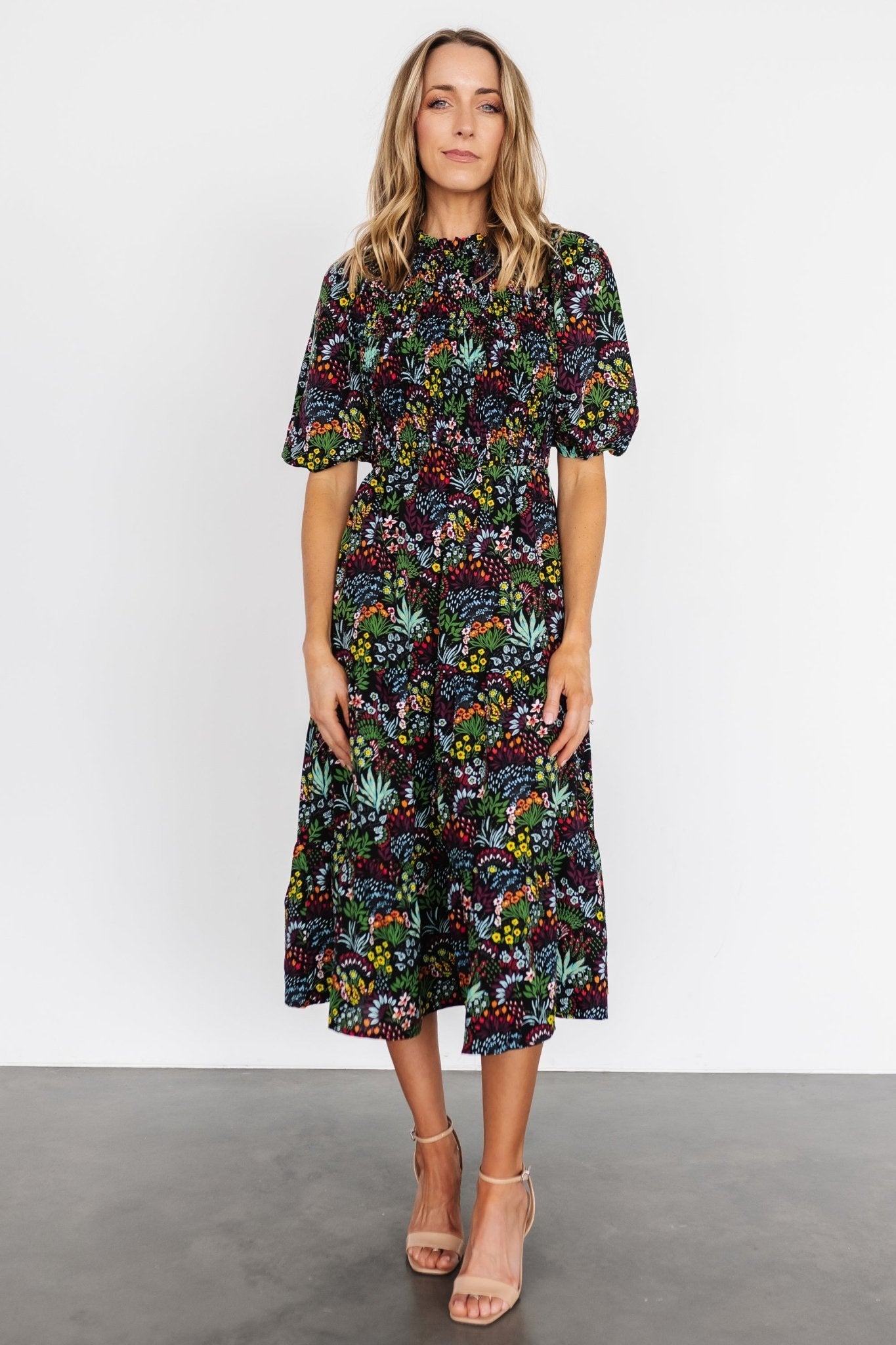 Lena Tiered Midi Dress | Black Multi Floral
