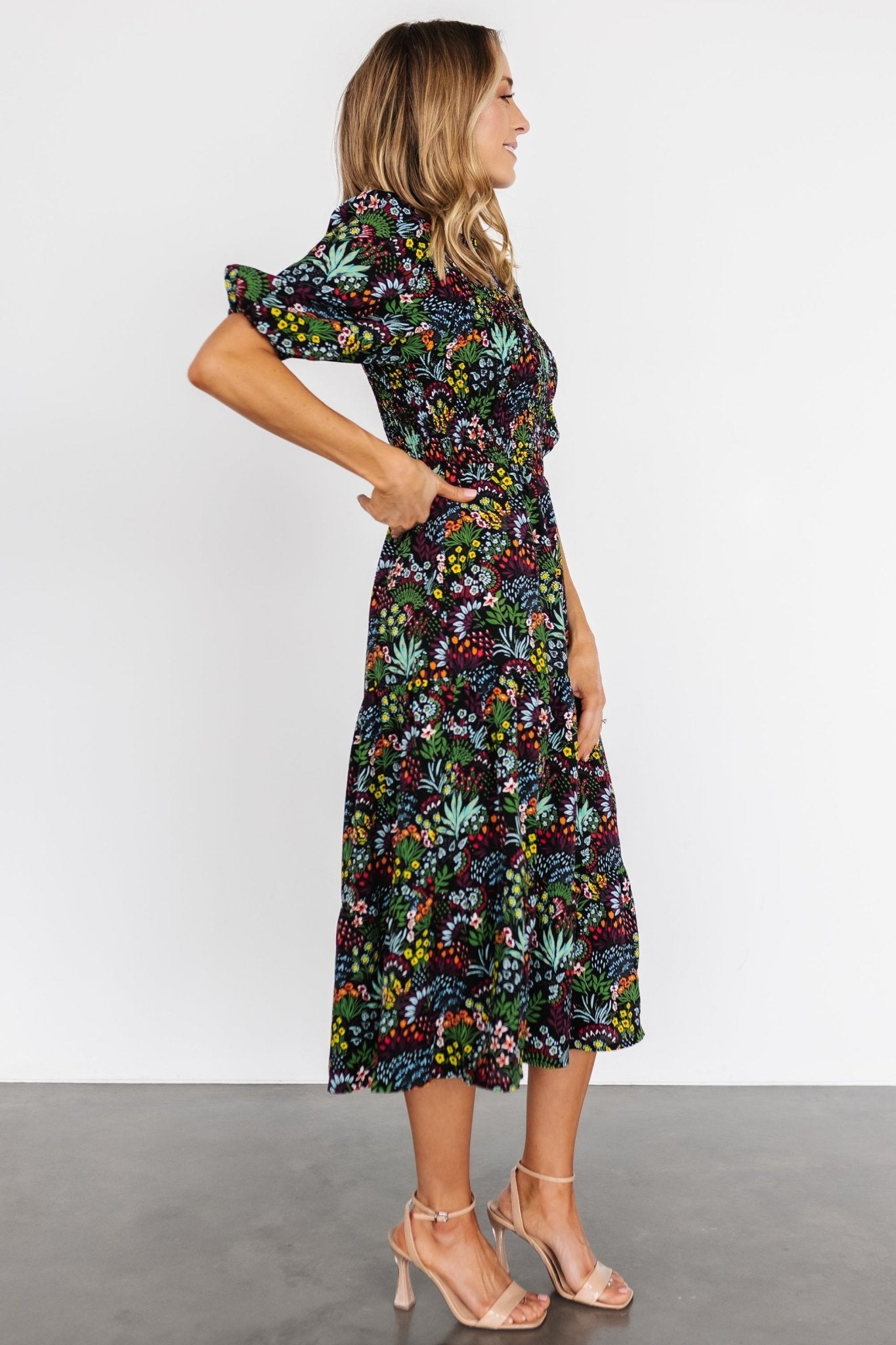 Lena Tiered Midi Dress | Black Multi Floral