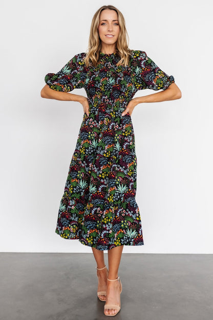 Lena Tiered Midi Dress | Black Multi Floral