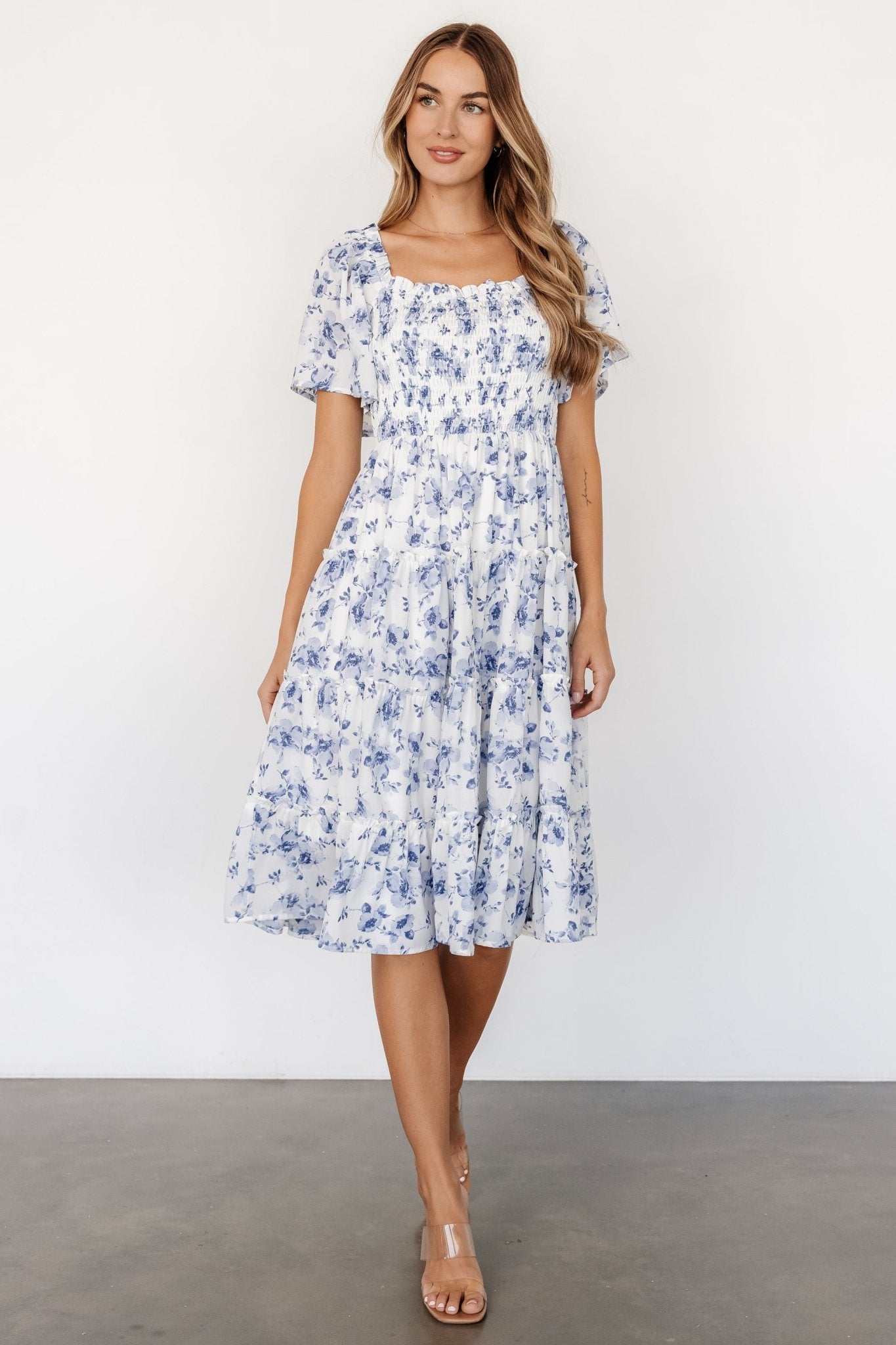Lilla Tiered Midi Dress | Off-White + Blue Floral