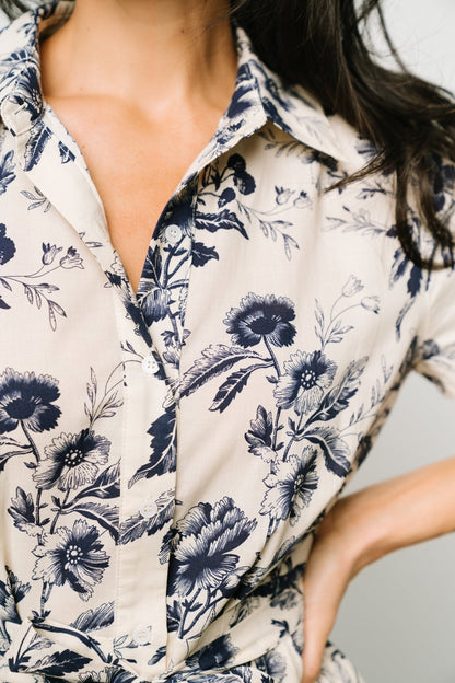 Lorna Midi Dress | Beige + Navy Print