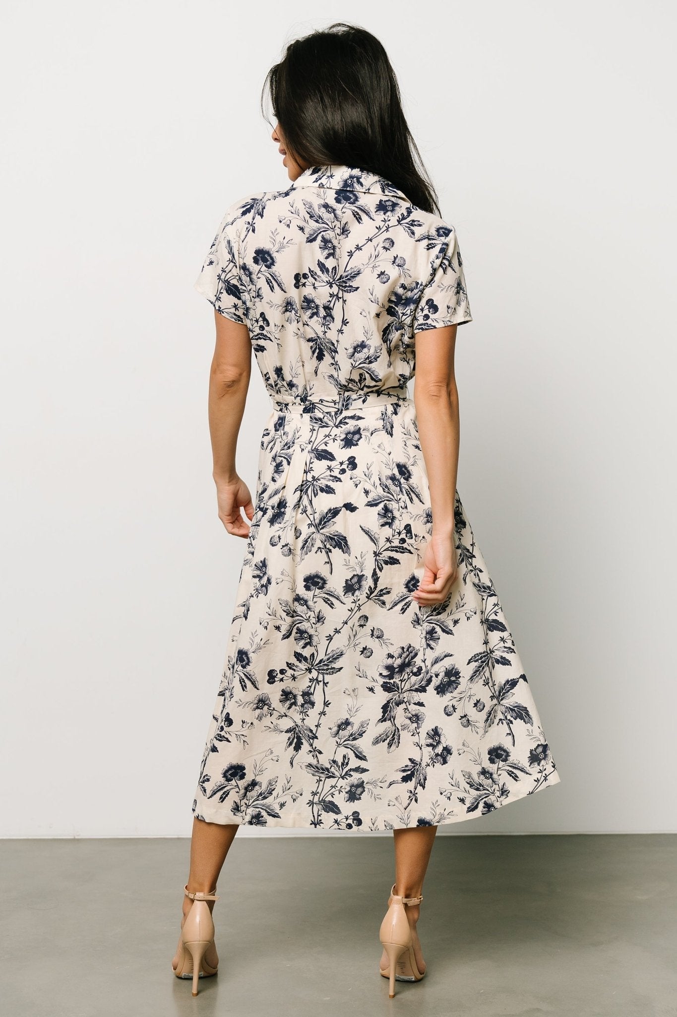 Lorna Midi Dress | Beige + Navy Print