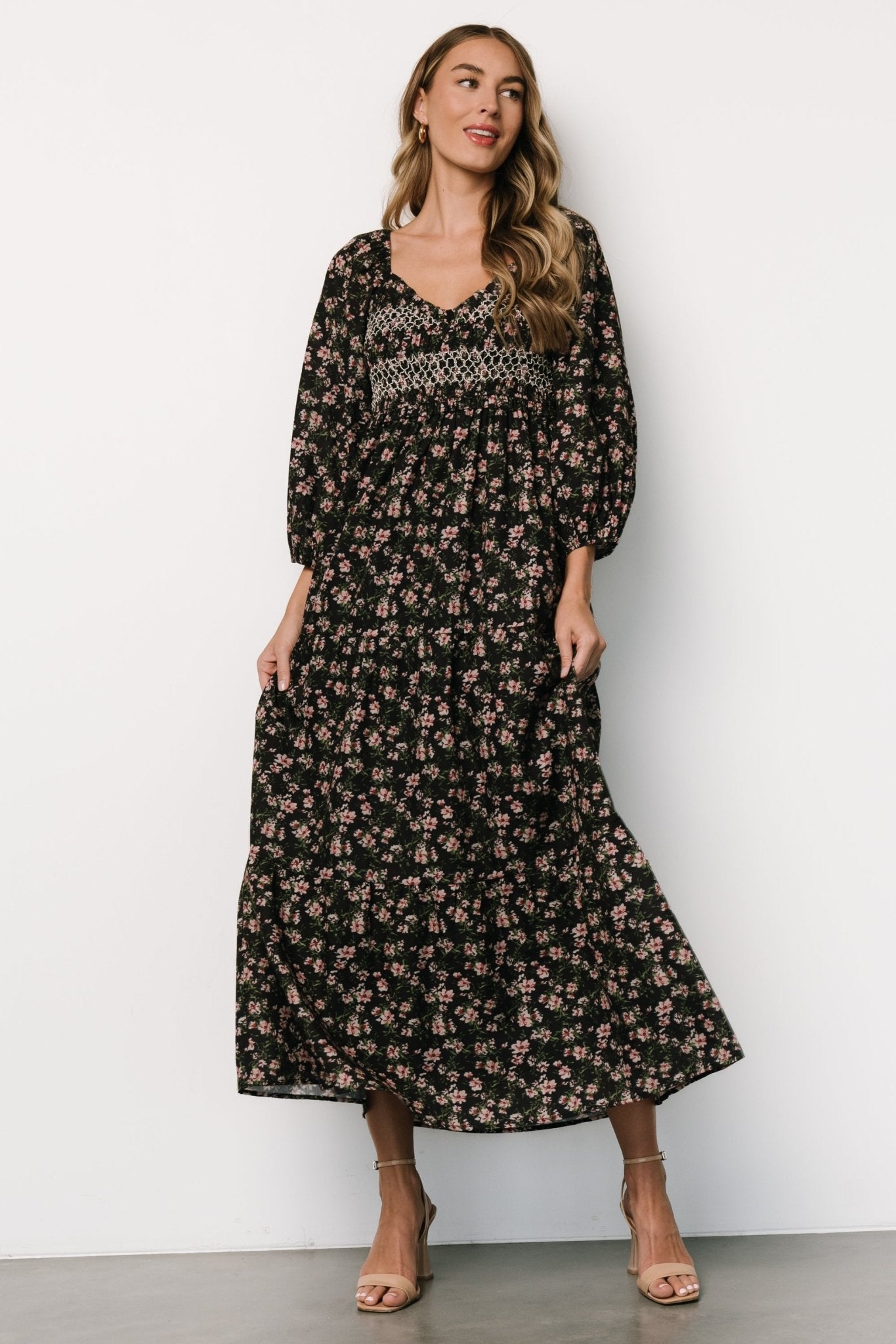Louisa Smocked Maxi Dress | Black Floral