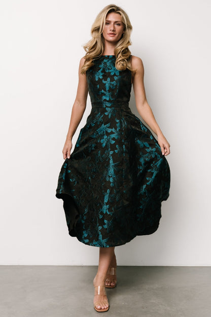Maren Embossed Midi Dress | Black + Teal Floral