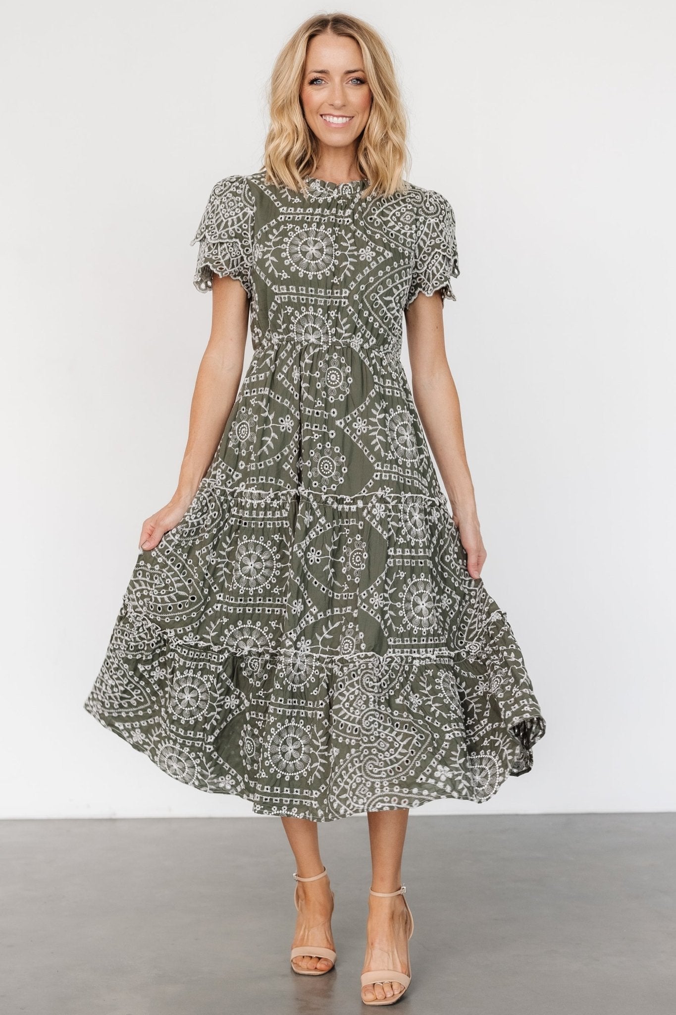 Mirabel Eyelet Midi Dress | Olive + White
