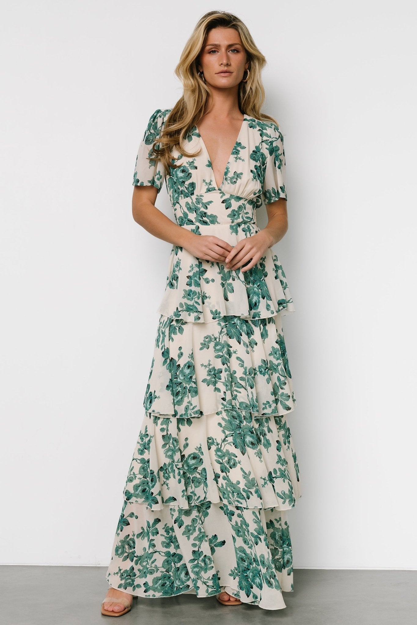Montaigne Ruffle Maxi Dress | Ivory + Green Floral