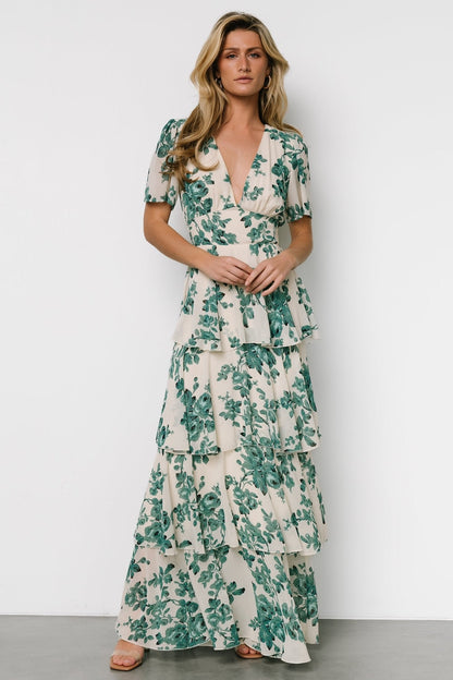 Montaigne Ruffle Maxi Dress | Ivory + Green Floral