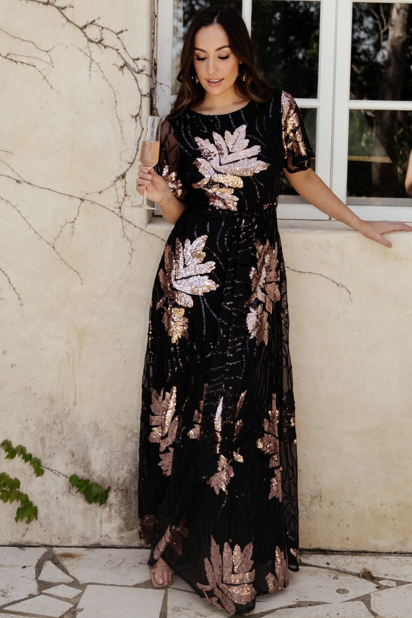Muse Sequin Maxi Dress | Black + Rose
