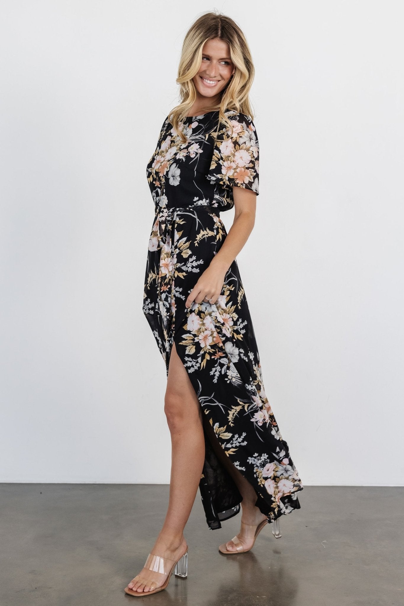 Naomi Short Sleeve Maxi Dress | Black Floral