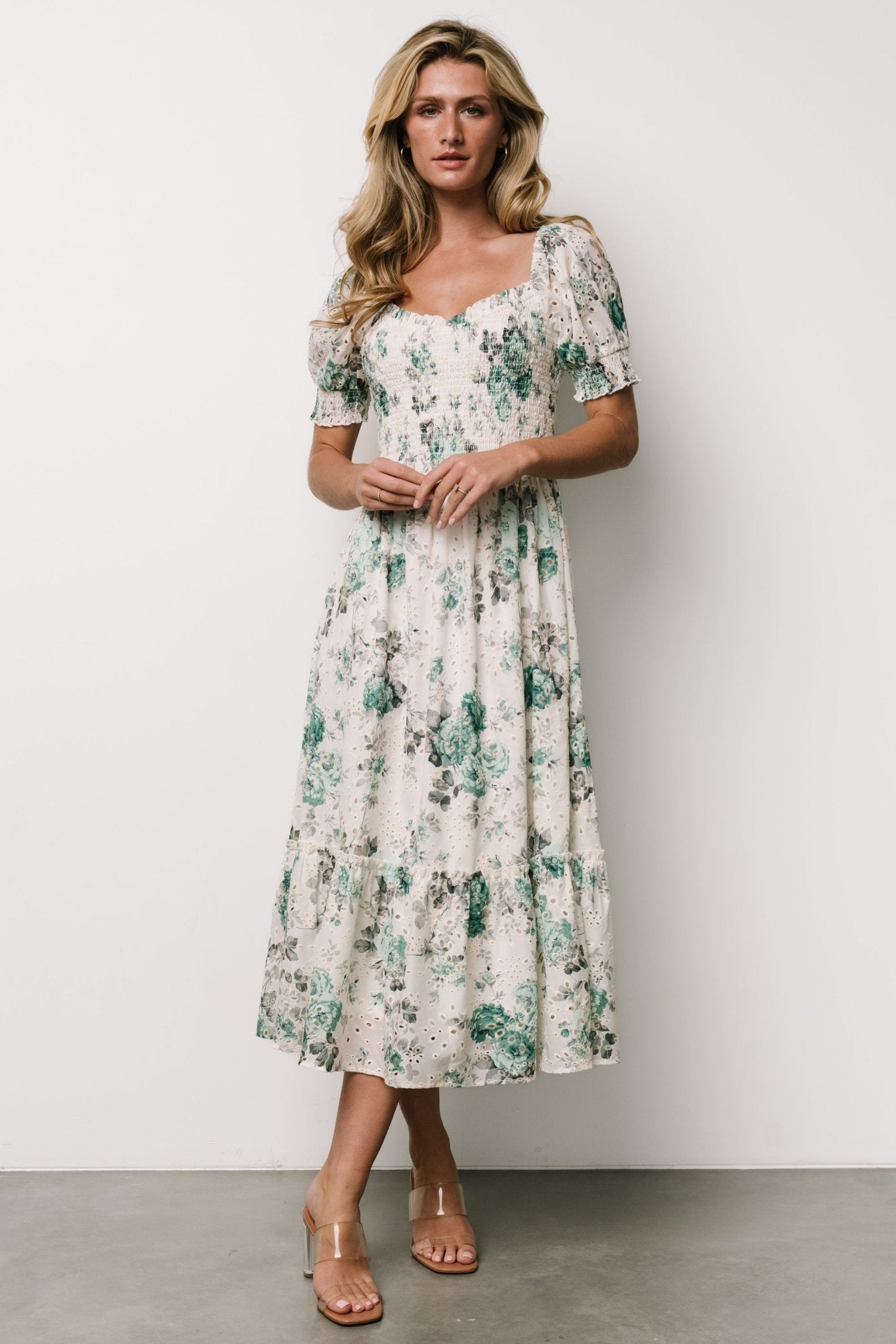 Piper Eyelet Midi Dress | Off White + Green Floral