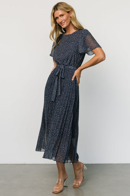 Prim Pleated Dress | Navy Print