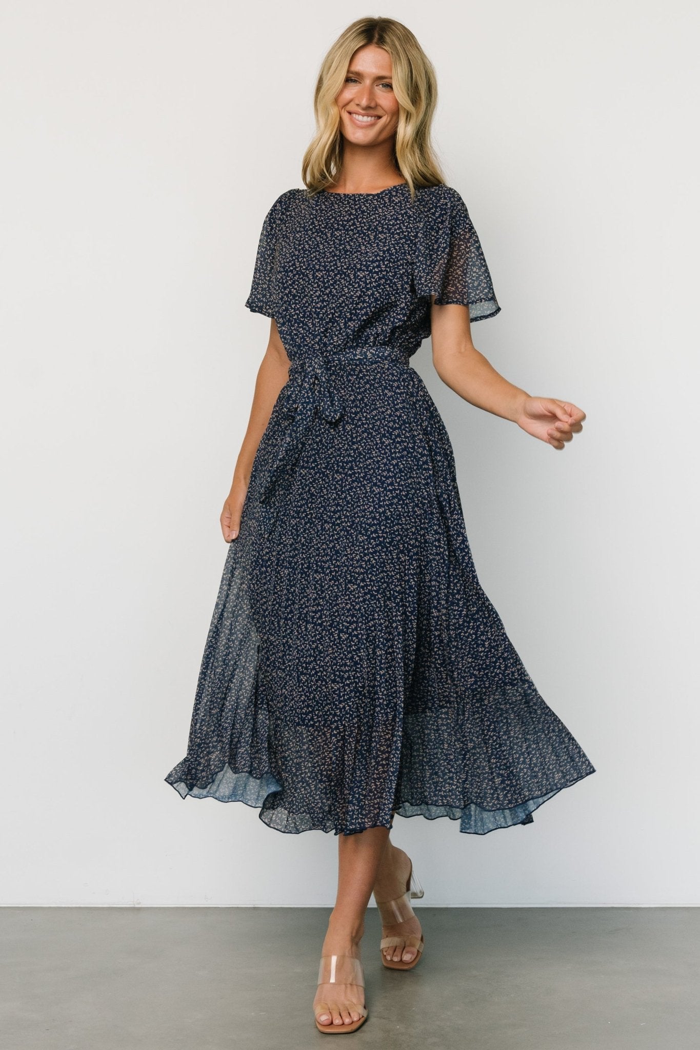 Prim Pleated Dress | Navy Print