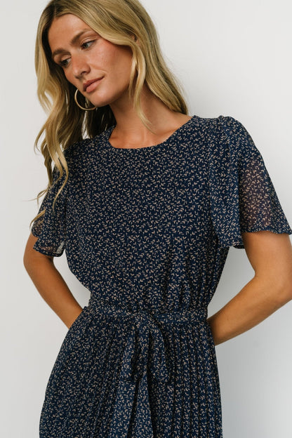 Prim Pleated Dress | Navy Print