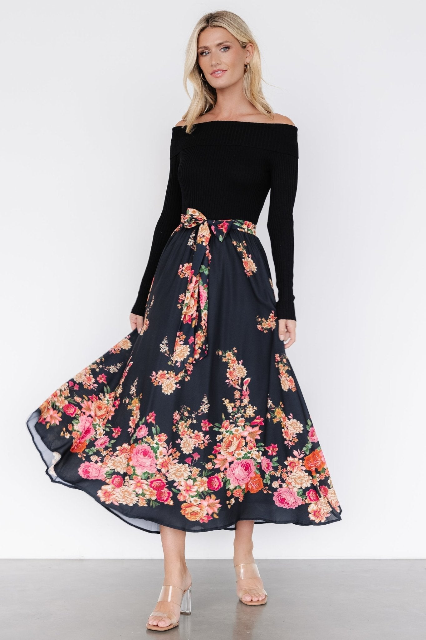 Qadira Off Shoulder Dress | Black + Multi Floral