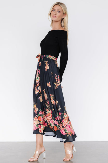Qadira Off Shoulder Dress | Black + Multi Floral