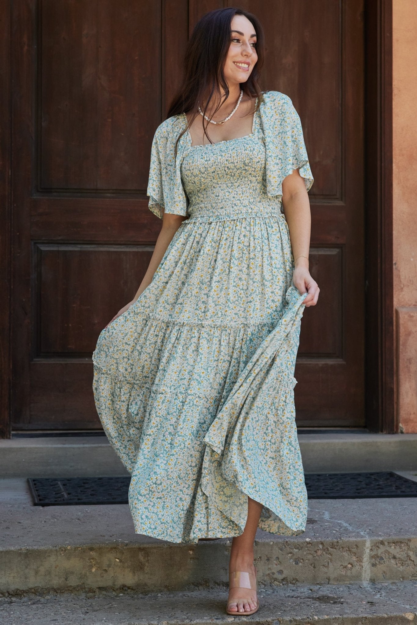 Regina Smocked Maxi Dress | Green Floral