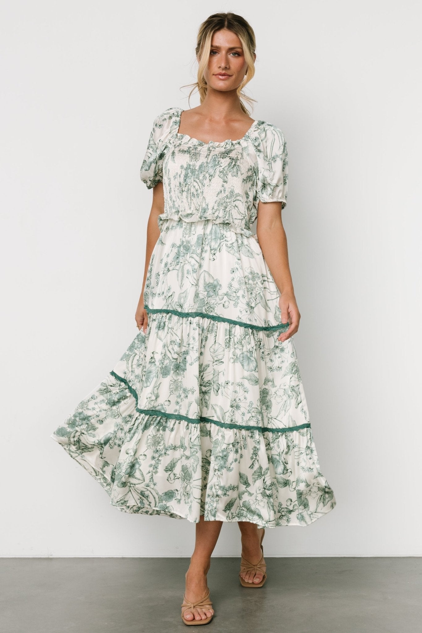 Ruthie Tiered Midi Dress | Green Print