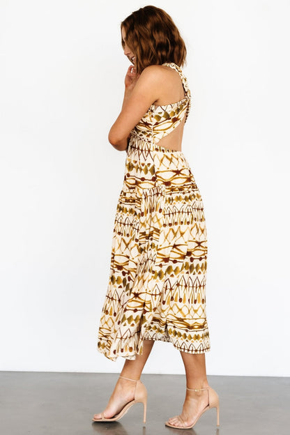 Seraphina Open Back Midi Dress | Tan Multi