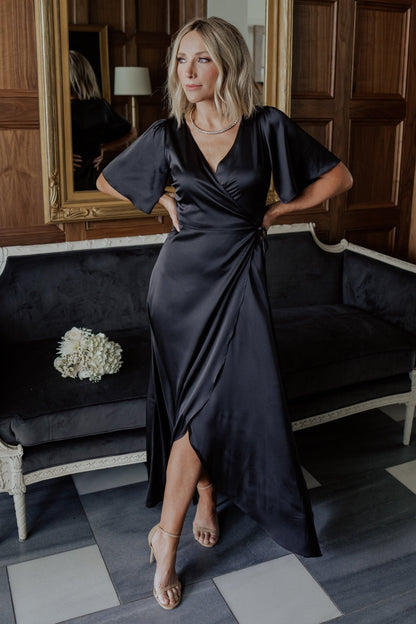 Vara Satin Maxi Wrap Dress | Black