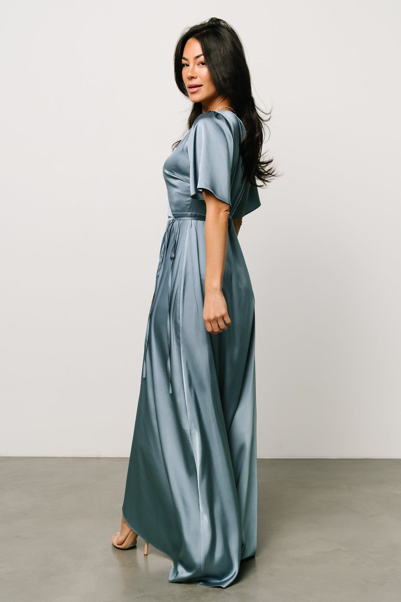 Vara Satin Maxi Wrap Dress | Dusty Blue